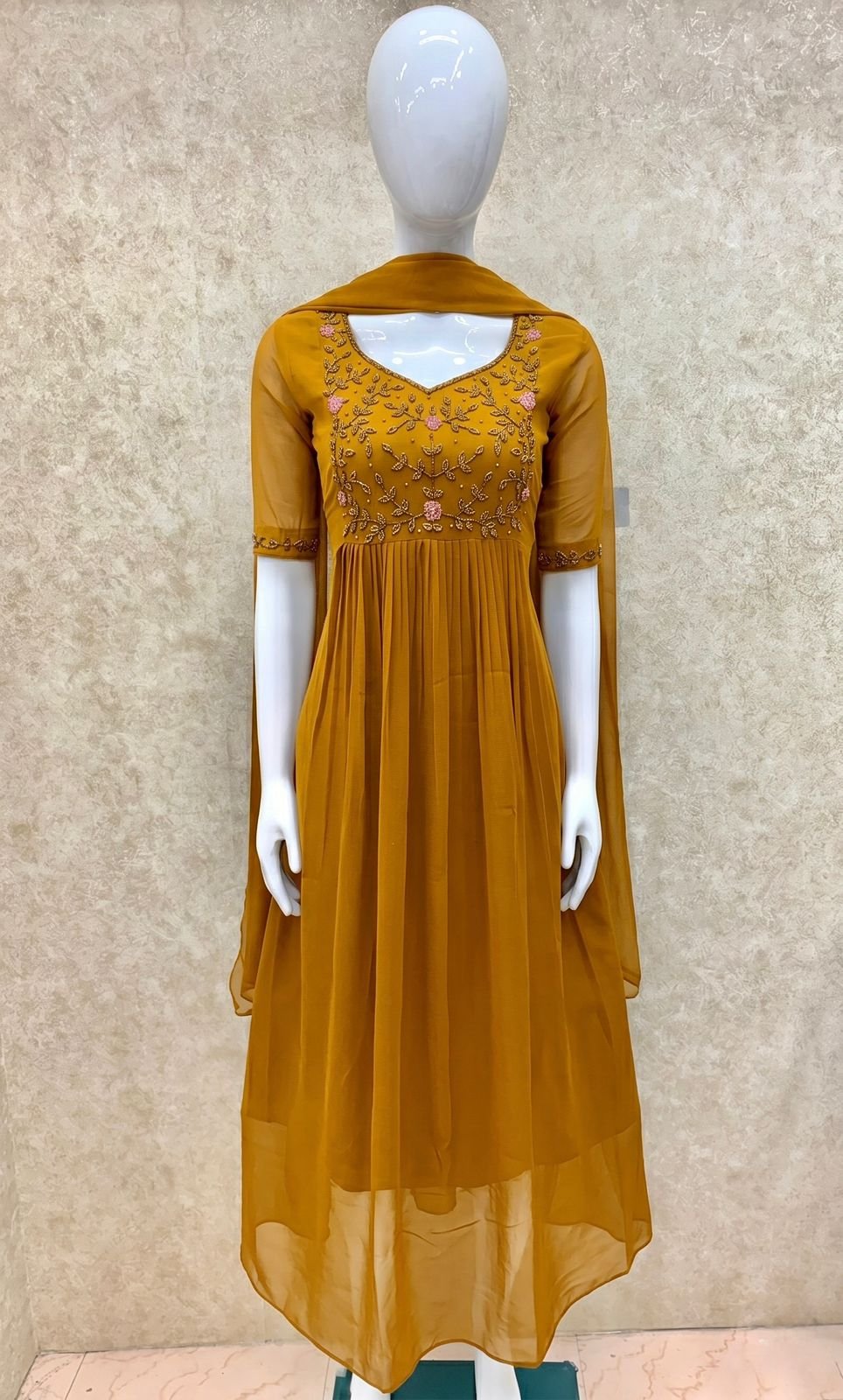Anarkali with Shawl / Long Top Dupatta Set / Pleated / Elbow sleeves / All Over Handwork03 / Yellow