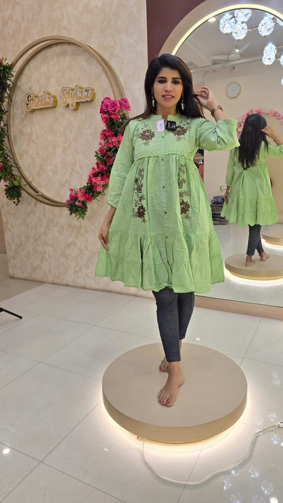 Midi dress cum Jean top - Sage Green Colour