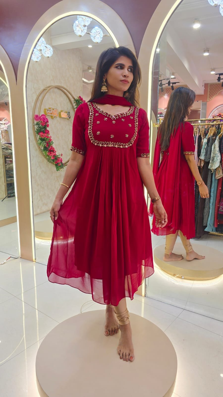 WANAR / Georgette / A-Line Top Dupatta Set / Handwork / Red