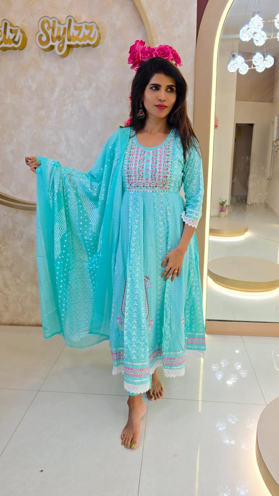 Schiffli / Hakoba Anarkali Cotton suit - Ice Blue Shade