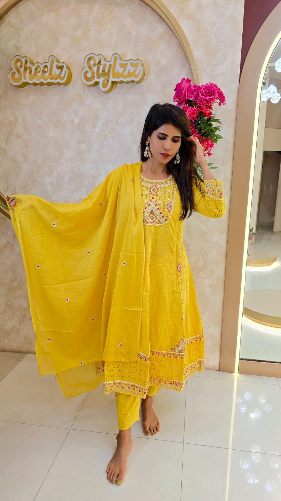 Schiffli / Hakoba Anarkali Cotton suit - Yellow Shade
