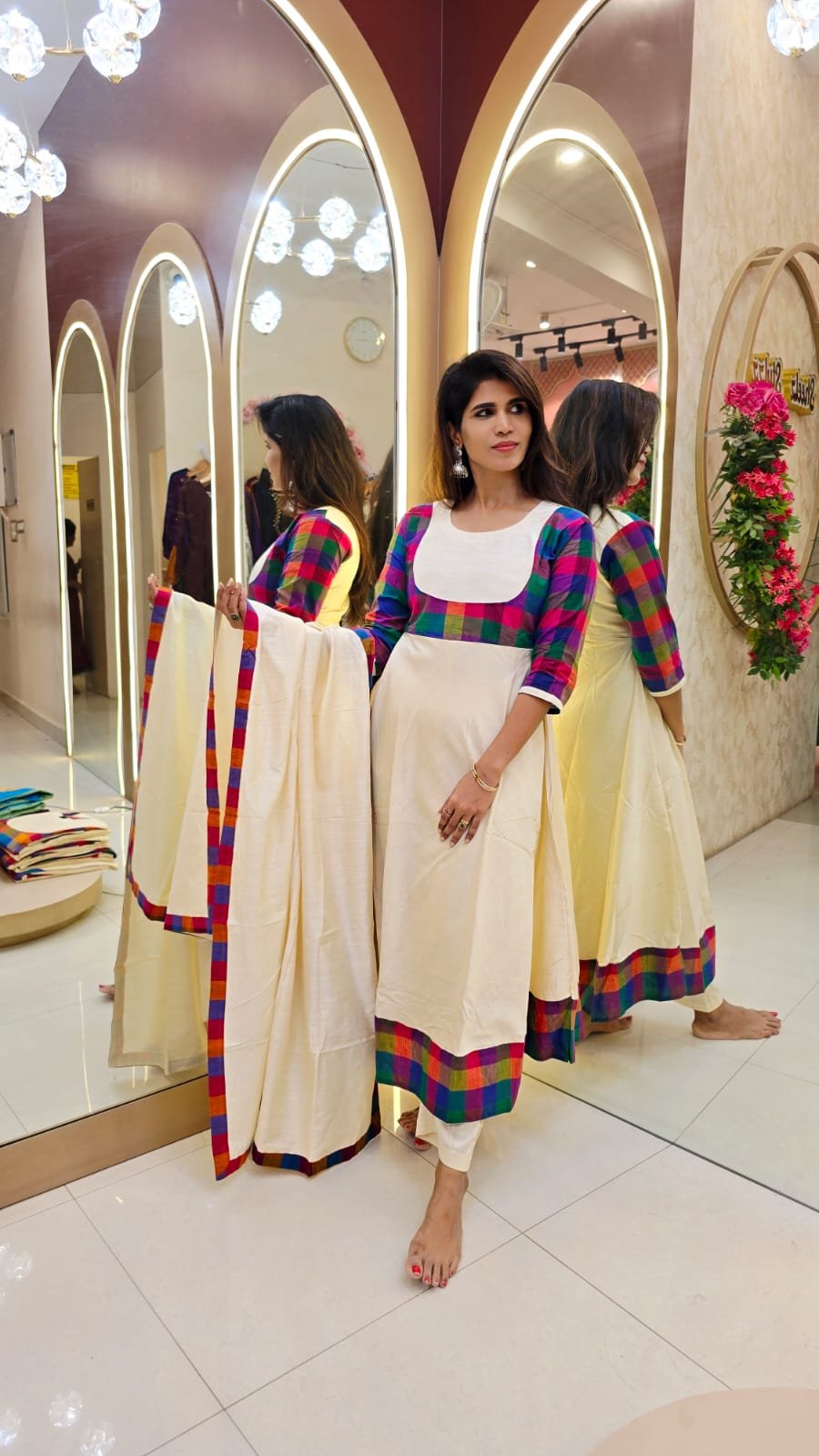 Madras Kattam Semi Silk Fabric Anarkali with Pant & Dupatta