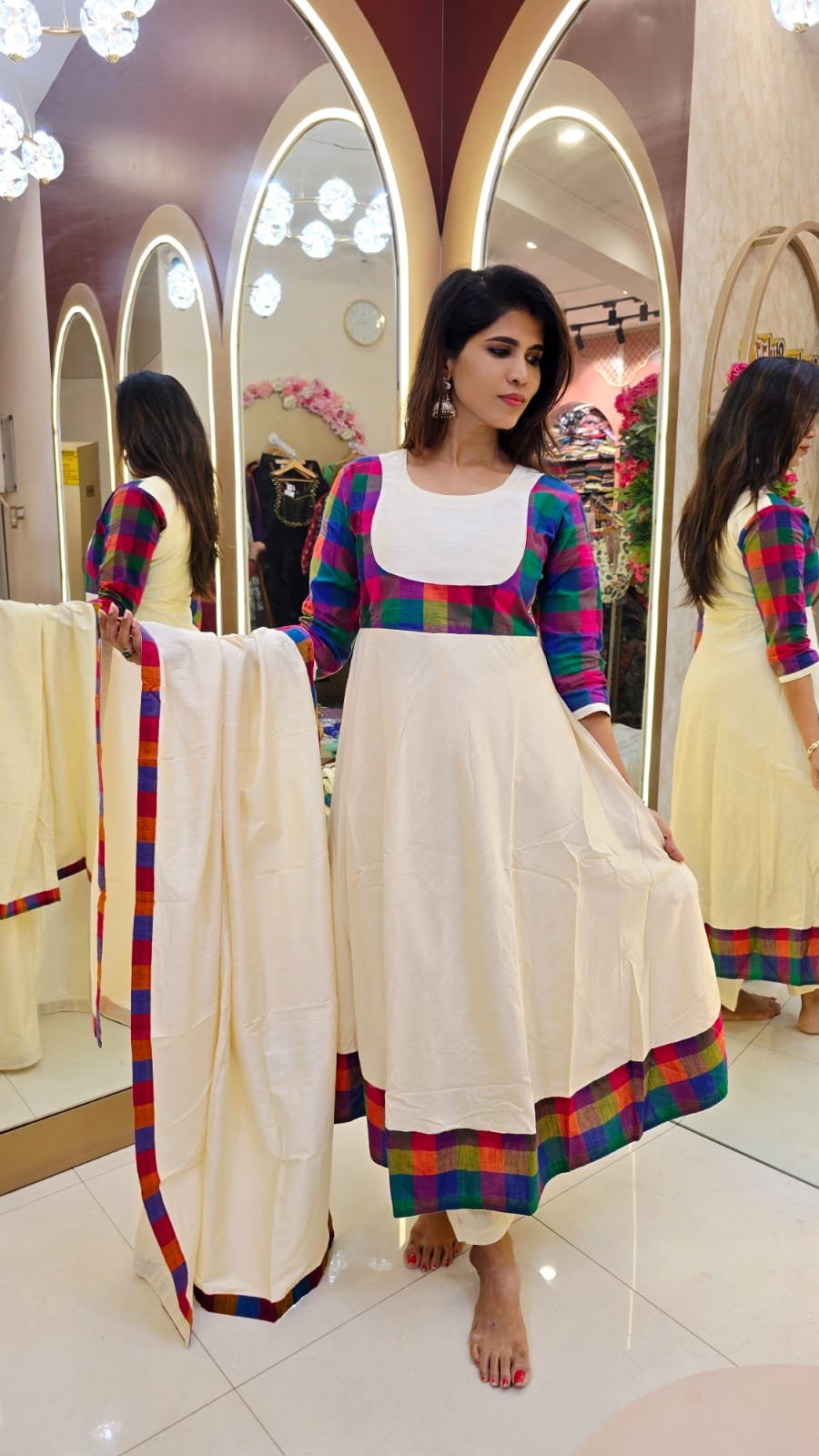 Madras Kattam Semi Silk Fabric Anarkali with Pant & Dupatta